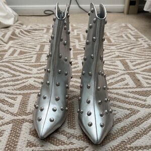 Schutz Metallic Silver Studded Pointed-Toe Ankle Booties - Women NEW